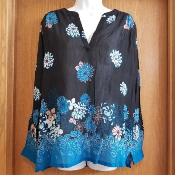 LOFT Tops - Ann Taylor Loft Black Blue Multi Color Floral Sheer Blouse Size Small Petite
